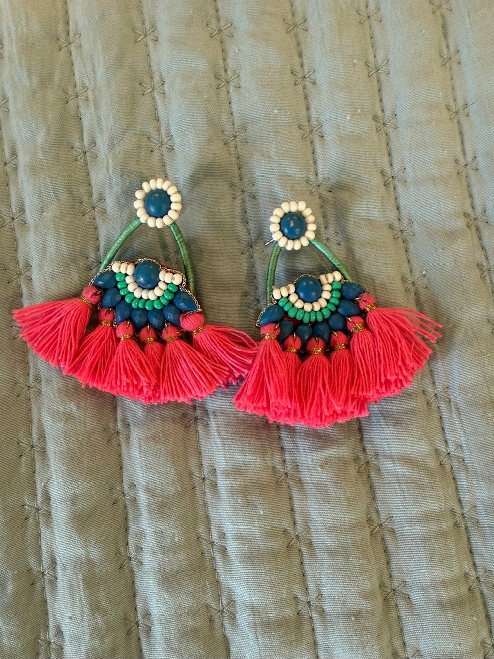Vineyard Vines Pink Tassel Fan Earrings with Blue and Green Beads